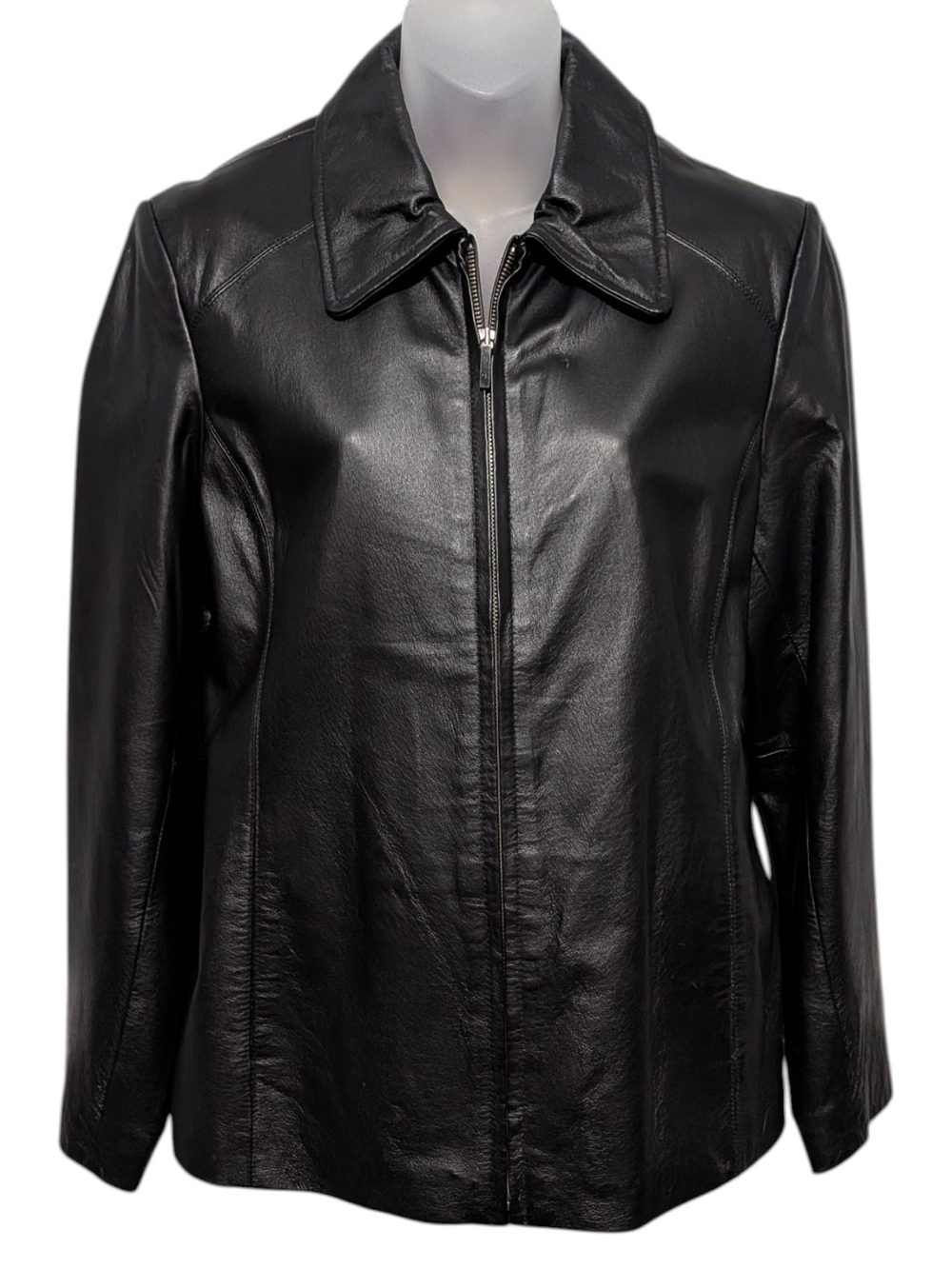 Worthington Black Leather Jacket Medium Red Lining Y2K Matrix Grunge Minimalist